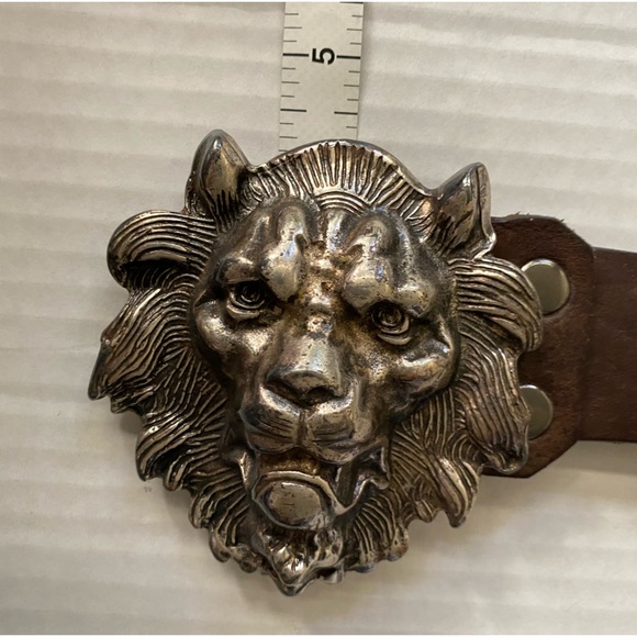 VINTAGE Silver Metal Lion's Head Belt Buckle with Belt Size 34 - Picture 13 of 16